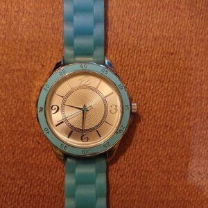 Womens Turquoise Silicone Analog Wristwatch With Silver-Tone Bezel-WORKS